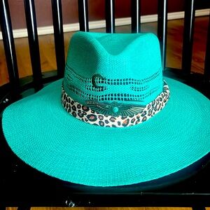 Turquoise straw hat, Charlie 1 Horse, western chic, leopard band, size medium
